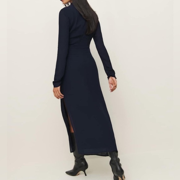 NWT Reformation Tilda High Mock Neck Long Sleeve Slit Maxi Dress Gown Navy Blue - Picture 5 of 14